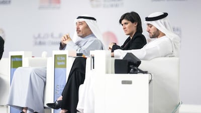 Tirad Mahmoud, Group chief executive of Abu Dhabi Islamic Bank, left, Chiara Appendino, Mayor of the City of Turin and Ali Al Nuaimi, Senior Nuclear Professional and Member of the Emirates Youth Council, at the first plenary session of the Global Islamic Economy Summit 2016. Under the patronage of Sheikh Mohammed bin Rashid, Vice President and Ruler of Dubai, the two-day summit is organised by Dubai Chamber of Commerce and Industry in collaboration with the Dubai Islamic Economy Development Center. Reem Mohammed / The National