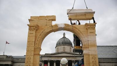 The six-metre-tall scale recreation of the Triumphal Arch is made of Egyptian marble and was carved in the northern Italian region of Tuscany using precision digital technology such as 3D modelling. Dan Kitwood / Getty Images