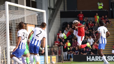 Lyle Taylor scores for Nottingham Forest against Hertha Berlin at the Pirelli Stadium in Burton-Upon-Trent, on July 20. Getty