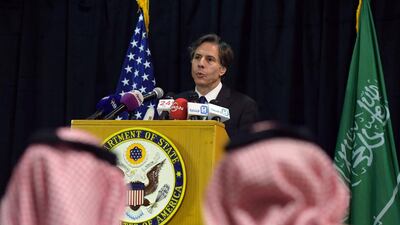 The US deputy secretary of state Antony Blinken announces quicker arms delivery and greater intelligence sharing with the Saudi-led anti-Houthi coalition during a visit to Riyadh on April 7, 2015. Ahmed Farwan / AFP