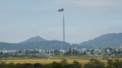 A North Korean flag near the border villages of Panmunjom in Paju, South Korea. October 4, 2022. AP Photo