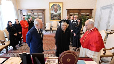 Pope Leo with King Charles and Queen Camilla at the Vatican. Reuters