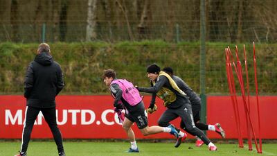 Daniel James and Victor Lindelof during a training session at the Aon Training Complex. Getty Images