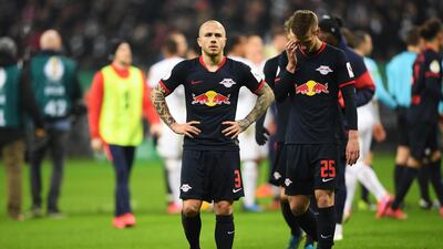 RB Leipzig players Angelino, left, and Dani Olmo after their German Cup defeat to Eintracht Frankfurt on Tuesday. Getty