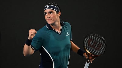 Tunisia's Ons Jabeur celebrates beating Ukraine's Anhelina Kalinina in the first round of the Australian Open. AFP