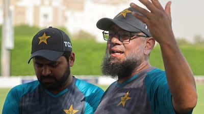 Pakistan coach Saqlain Mushtaq gives a press conference. AFP
