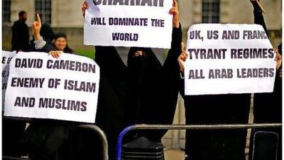 Muslim women demonstrate in favour of Sharia law during a protest outside 10 Downing Street in London earlier this year. Carl de Souza / AFP Photo