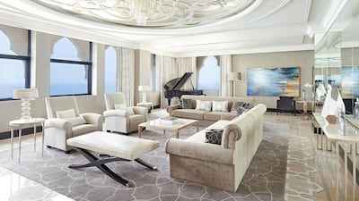Above, the living room of the King Imperial Suite at Waldorf Astoria Ras Al Khaimah. Courtesy Waldorf Astoria Hotels & Resorts