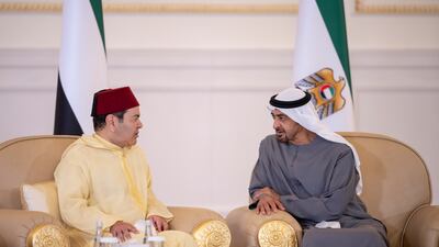 Prince Moulay Rachid of Morocco offers condolences to Sheikh Mohamed at the Presidential Airport. Abdulla Al Junaibi for the Ministry of Presidential Affairs