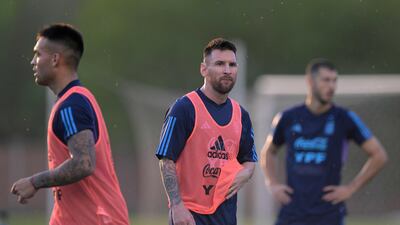 Argentina's forward Lionel Messi takes part in a training session in Ezeiza, Buenos Aires, on October 10, 2023, ahead of FIFA World Cup 2026 qualifier football matches against Paraguay and Peru. (Photo by JUAN MABROMATA / AFP)