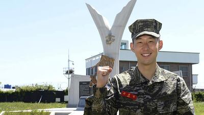 Son Heung-min poses at a Marine Corps boot camp in Seogwipo on Jeju Island, South Korea.