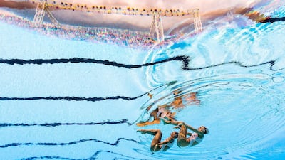 Italy's Linda Cerruti and Costanza Ferro perform in the Women's Duet final during the synchronised swimming competition at the 2017 FINA World Championships in Budapes. François-Xavier Marit / AFP Photo / July 16, 2017