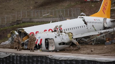 urkish soldiers secure the wreckage after a Pegasus Airlines aircraft skidded off the Sabiha Goekcen airport runway in Istanbul, Turkey. EPA
