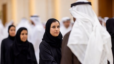 President Sheikh Mohamed receives condolences from Sarah Al Amiri, Minister of State for Public Education and Advanced Technology, on the passing of Sheikh Tahnoon bin Mohammed, Ruler's Representative in Al Ain Region, at Al Mushrif Palace. Ryan Carter / UAE Presidential Court