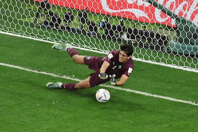 Morocco goalkeeper Yassine Bounou saves from from Spain's Carlos Soler during their penalty shoot-out last-16 win at the Qatar World Cup. Getty