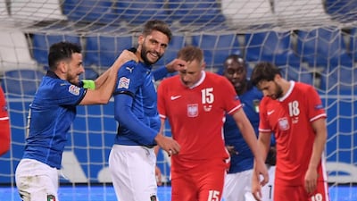 Italy's Domenico Berardi celebrates scoring their second goal in a 2-0 Nations League win over Poland on Sunday, November 15. Reuters