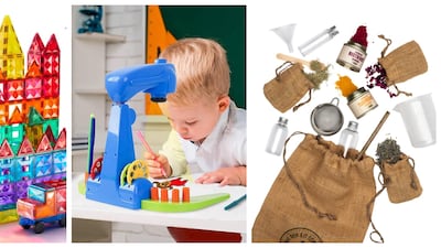 From left, magnetic tiles, a drawing projector and a potion-making kit can all spark creativity and entertain for hours. Photo: Mideer; Leerfei; The Den Kit Co