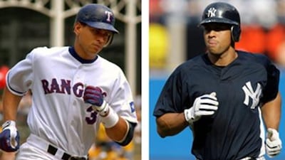 Rodriquez, left, during his time at the Texas Rangers and, right, as he warms up before a game for the New York Yankees, who he joined before the 2004 season.