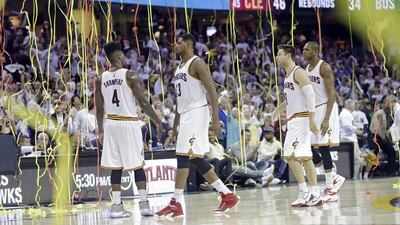 Cleveland Cavaliers. from left to right, Iman Shumpert, Tristan Thompson, Matthew Dellavedova and James Jones walk off the floor after beating the Boston Celtics on Sunday in the NBA play-offs. Mark Duncan / AP / April 19, 2015