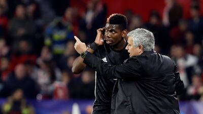 Jose Mourinho and Paul Poba during Manchester United's Uefa Champions League match at Sevilla last season, for which fans were charged €100 for a ticket. AP Photo