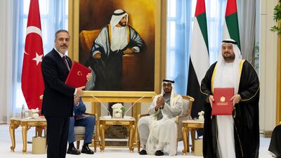 President Sheikh Mohamed and Mr Erdogan witness a memorandum of understanding exchange ceremony. Photo: UAE Presidential Court