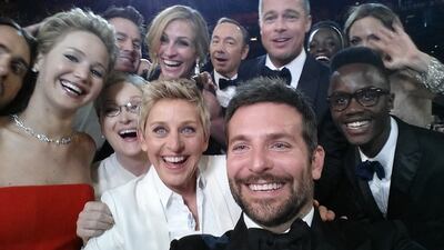 The 2014 Oscar host Ellen DeGeneres posed with Jared Leto, Jennifer Lawrence, Channing Tatum, Meryl Streep, Julia Roberts, Kevin Spacey, Brad Pitt, Lupita Nyong'o, Angelina Jolie, Peter Nyong'o Jr and Bradley Cooper. AFP