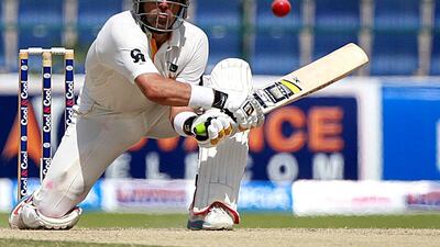 AbuDhabi, United Arab Emirates- October,16, 2013: Pakistan Captain Misbah Ul Haq plays a reverse sweep shot during the 1st test between Pakistan vs SouthAfrica at the Zayed Cricket Stadium in AbuDhabi. ( Satish Kumar / The National ) For Sports/ Story by Osman Samiuddin *** Local Caption *** SK-Crik-16102013-02.jpg