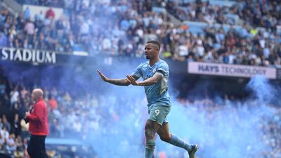 Gabriel Jesus gestures to the fans during the Premier League match between Manchester City and Aston Villa. Getty
