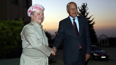 President of the Iraqi Kurdistan Region Masoud Barzani receives Secretary-General of the Arab League Ahmed Abul Gheit in Erbil. EPA/GAILAN HAJI