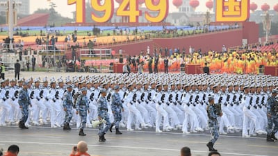 Soldiers of People's Liberation Army march in formation during the military parade marking the 70th founding anniversary of People's Republic of China in Beijing. AFP