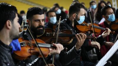 Musicians from a joint Kurdish and Christians orchestra and choir rehearse at Erbil international Stadium, also known as the Franso Hariri Stadium, for the visit of Pope Francis to the capital of the Kurdistan region in Iraq. EPA