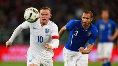 Wayne Rooney, left, of England and Giorgio Chiellini of Italy compete for the ball during the international friendly match between Italy and England at the Juventus Arena on March 31, 2015 in Turin, Italy. (Photo by Laurence Griffiths/Getty Images)