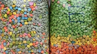 Packs of illegal ketamine on display at the drug destruction ceremony in Yangon. AFP