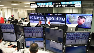 A television screen, top right, displays file news footage of North Korean leader Kim Jong-Un, at a foreign exchange brokerage in Tokyo on August 29, 2017, after a missile was launched by North Korea earlier in the day. Kazuhiro Nogi / AFP