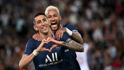 Angel Di Maria celebrates with Neymar after his goal. AFP