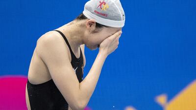 Rikako Ikee reacts after winning the 100m butterfly final during the Japan National Swimming Championships, and qualifying for the Tokyo Olympics. AFP