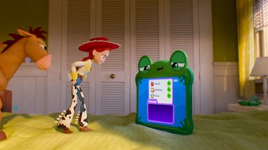 Bullseye and Jessie square up to new character Lilypad in Toy Story 5. Photo: Disney / Pixar