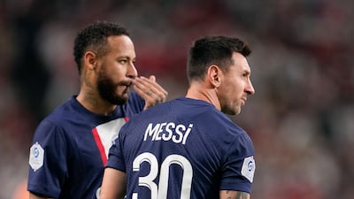 Paris Saint-Germain's Neymar Jr and Lionel Messi (R) react during player substitution during a friendly match against J1 league club Urawa Reds at Saitama Stadium, north of Tokyo, Japan, 23 July 2022. EPA / KIMIMASA MAYAMA