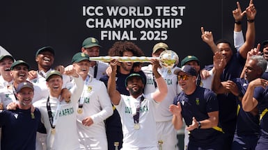 South Africa captain Temba Bavuma lifts the ICC World Test Championship trophy after defeating Australia in the final at Lord's in June. Getty Images