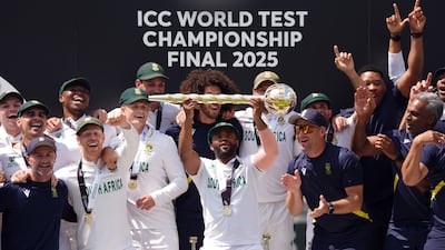 South Africa captain Temba Bavuma lifts the ICC World Test Championship trophy after defeating Australia in the final at Lord's in June. Getty Images