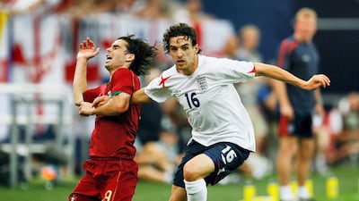 Owen Hargreaves, right, fends off the challenge of Portugal midfielder Tiago during the World Cup 2006 quarter-final at the Stadium Gelsenkirchen on July 1, 2006 in Gelsenkirchen, Germany. Clive Mason/Getty Images