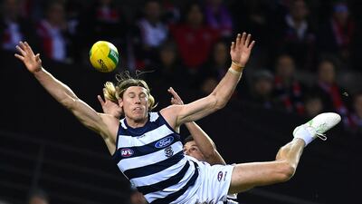 Geelong Cats' Mark Blicavs goes airborne during the AFL match agains St Kilda Saints at Marvel Stadium in Melbourne on Friday, May 14. Getty