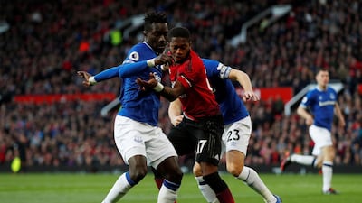 Manchester United's Fred in action with Everton's Gueye and Seamus Coleman. Action Images via Reuters