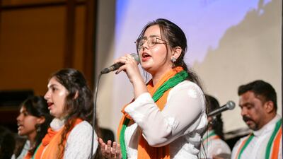 Singers from Malhaar Centre for Performing Arts perform on India's 77th Independence Day at the Indian embassy, Abu Dhabi