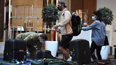 Australian cricketer Glenn Maxwell arrives for hotel quarantine at the Marriott Hotel in Sydney. EPA