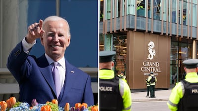 Security is tight in Belfast as it prepares for the arrival of US President Joe Biden, left. EPA