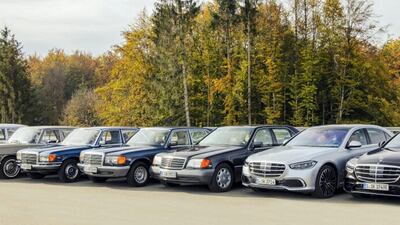 The new S-Class sits alongside seven of its ancestors.
