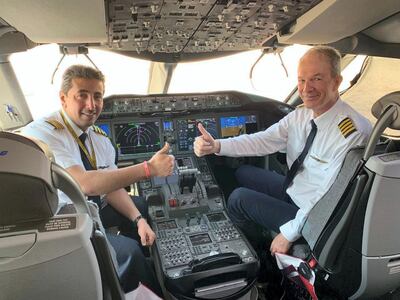 Captain Abdulla Obaid (left) with Captain Christoph Schippell. Courtesy: Etihad