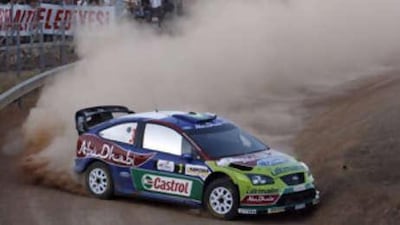 BP Ford Abu Dhabi team driver, Mikko Hirvonen of Finland races during the Super Special stage at the Rally of Turkey in June.