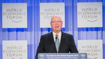 Klaus Schwab, the founder and executive chairman of the World Economic Forum, gives a speech during the opening plenary. Courtesy World Economic Forum